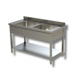 Stainless steel sink with two tubs on legs with bottom shelf Model G2V117