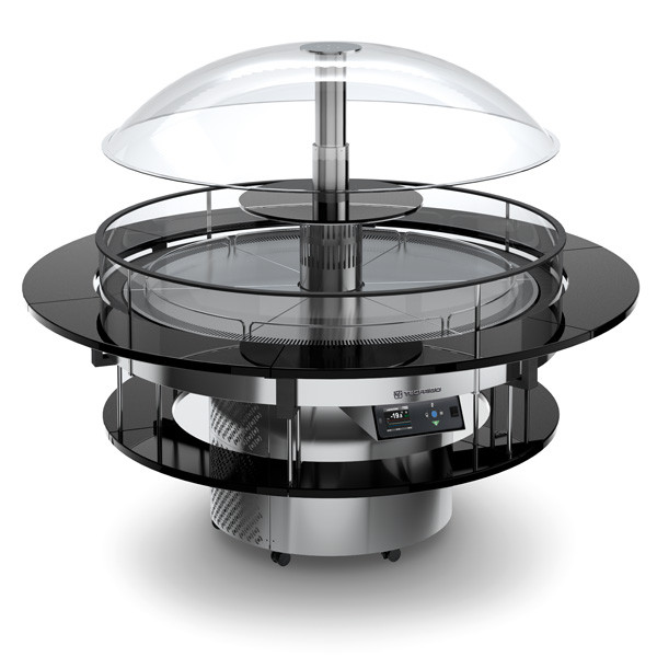 Buffet island display with refrigerated top Model GIROTONDO2.0 Ventilated refrigeration Power W 700 Pastry version