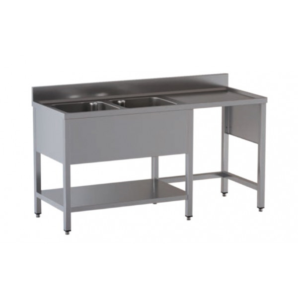 Stainless steel sink with two tubs with drainer on legs with bottom shelf and with hollow for dustbin Model G2VPS/D186