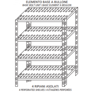 Stainless steel bolt shelving IXP 4 perforated shelves Basic element With plastic feet and bolts Cut-off edges Polished finish Model SC320FB