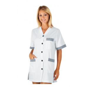 Woman Dacca blouse SHORT SLEEVE 65% Polyester 35% Cotton WHITE AND BLUE STRIPED Avaible in different sizes Model 006100