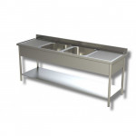 Stainless steel sink with two tubs with double drainer on legs with bottom shelf Model G2V2G227