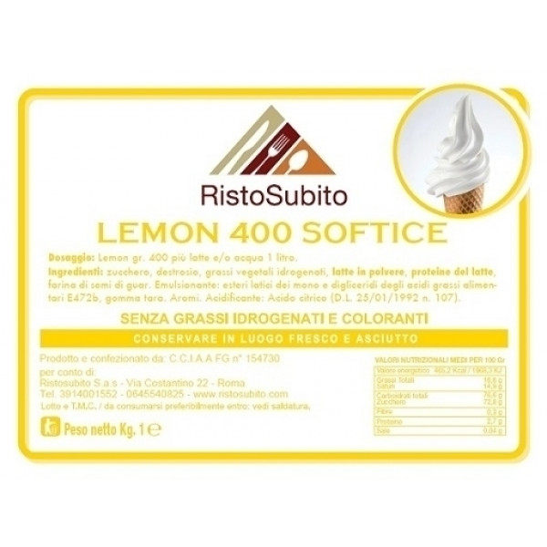 Powdered flavoured preparation for Gelato Soft/Lemon/400 without hydrogenated fats Packs of gr 1000 in cartons of 15 bags Model 43
