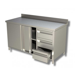 Stainless steel cabinet table with sliding doors With upstand with cabinet with 3 drawers Model A3CD/S157A