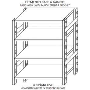 Stainless steel hook shelving IXP 4 smooth shelves Basic element With plastic feet and hooks Cut-off edges Polished finish Model SC618LBG