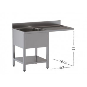 Stainless steel sinks with one tub with drainer on legs with bottom shelf and with hollow for dishwasher Model GLS/D147