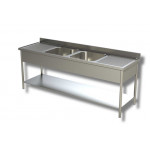 Stainless steel sink with two tubs with double drainer on legs with bottom shelf Model G2V2G207