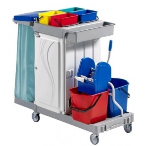 Cleaning trolley Plastic frame and handle Model CA1616 2 plastic buckets lt.15, Plastic wringer, Medium plastic box with n. 4 plastic buckets. Lt. 4 Bottle basket