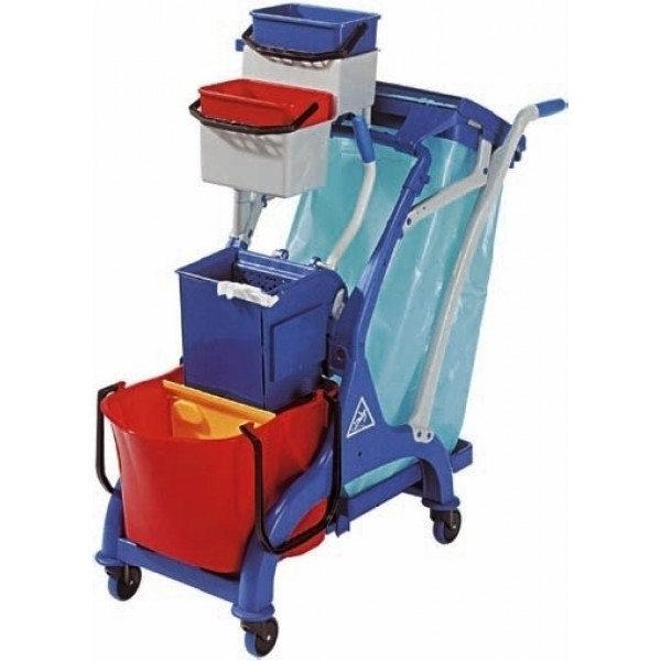 Multipurpose Cleaning trolley Plastic frame and handle Model CA1613 1 plastic bucket Lt. 28 with divider. plastic wringer without bottom. 120 L bag holder complete with reinforcements and lid. dustpan hook and handle hook with rubber roller.