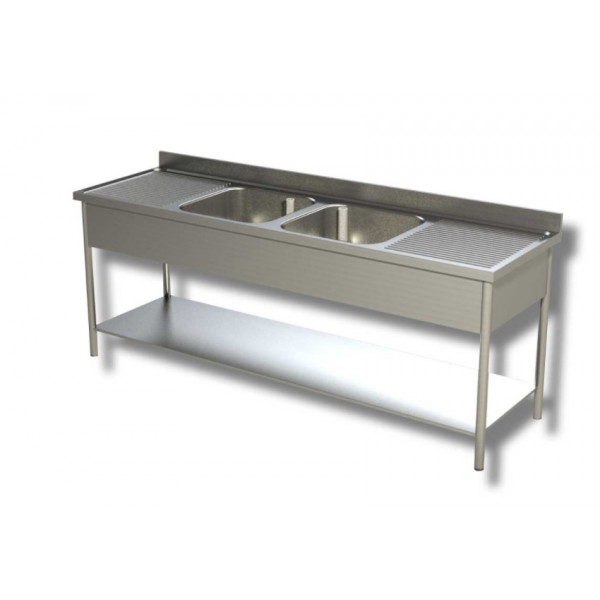 Stainless steel sink with two tubs with double drainer on legs with bottom shelf Model G2V2G187
