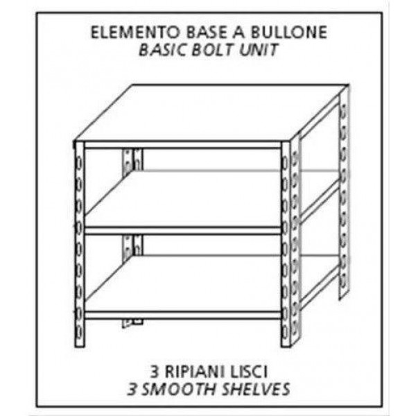 Stainless steel bolt shelving IXP 3 smooth shelves thickness cm 2,5 stainless steel 8/10 Lenght cm 60 Depth cm 30 Height cm 150 Basic element With plastic feet and bolts Cut-off edges Polished finish Model B3696030B