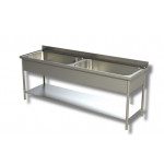 Stainless steel sink with two big tubs on legs with bottom shelf Model G2V207
