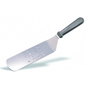 Perforated spatula Tempered AISI 420 stainless steel blade with conical sharpening, satin finish. Handle in rubberized non-toxic material, anti-slip and dishwasher safe. Size cm. L 23 x P 7,5 Model CL1271