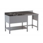 Stainless steel sink with two tubs with drainer on legs with bottom shelf and with hollow for dustbin Model G2VPS/D186