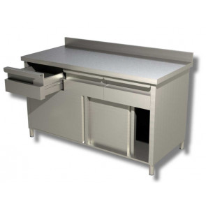 Stainless steel cabinet table with sliding doors With upstand with 2 drawers Model A2C107A