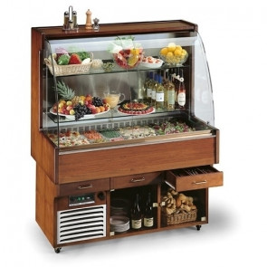 Refrigerated multideck buffet display Model MONTERREY 4 Static refrigeration Automatic defrosting Wooden structure two neutral compartments and 3 drawers Power W 600