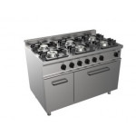 Gas range 6 burners CI Model RisCu054 with static gas oven GN 2/1 cm L 68,5 x P 53 x 35 H Cabinet with door Gas power 34.9 kW