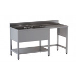 Stainless steel sink with two tubs with drainer on legs with bottom shelf and with hollow for dustbin Model G2VPS/D207