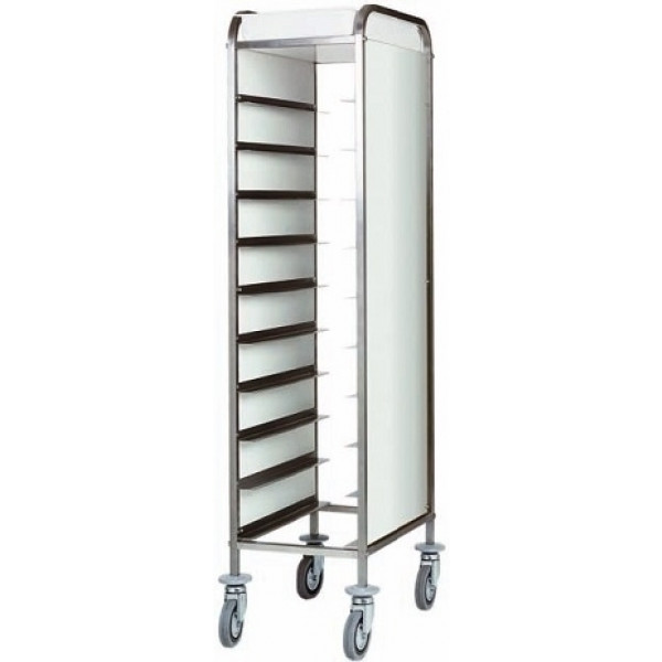 Tray trolleys Model CA1450P Stainless steel structure Stainless steel guides. Side panels in perfex white Capacity n. 10 trays GN 1/1 (cm 53x32,5)