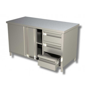 Stainless steel cabinet table with sliding doors Without upstand with cabinet with 3 drawers Model A3CD/S156