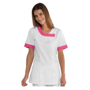 Woman Delhi blouse SHORT SLEEVE 65% Polyester 35% Cotton WHITE AND FUCHSIA Avaible in different sizes Model 005486