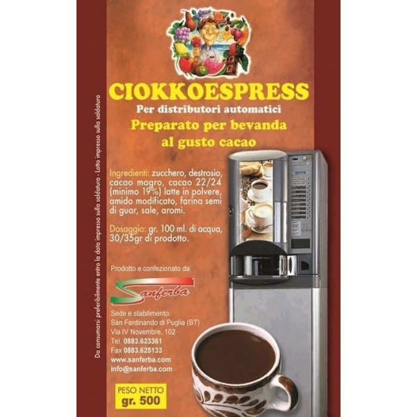 Powdered preparation of high quality/Hot chocolate Instant products, powdered, for automatic machines Packs of gr 500 in cartons of 20 bags Model Ciokkoespress 612/500