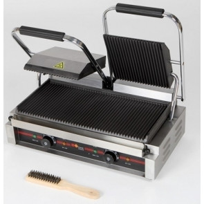 Electric double cast iron panini grill Striped Kar Adjustable temperature Model PGR2-WT