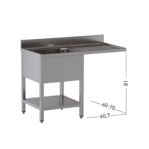 Stainless steel sink with one tub with drainer on legs with bottom shelf and with hollow for dishwasher Model GLS/D127