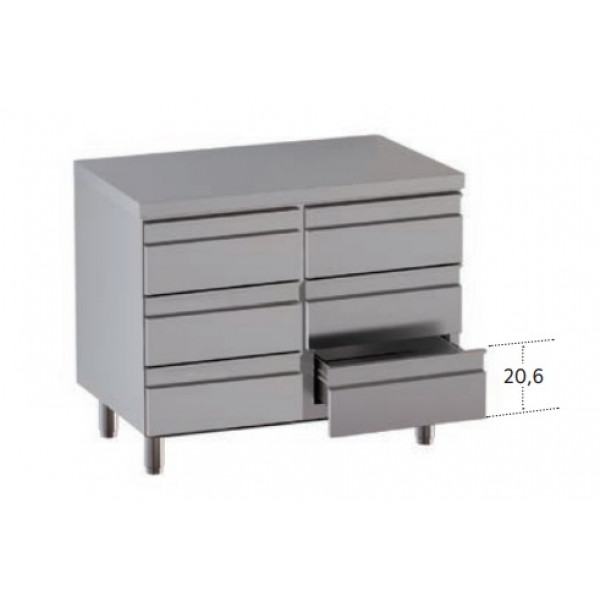 Stainless steel self-supporting cabinet with 6 drawers without upstand with worktop Model DSN6C087