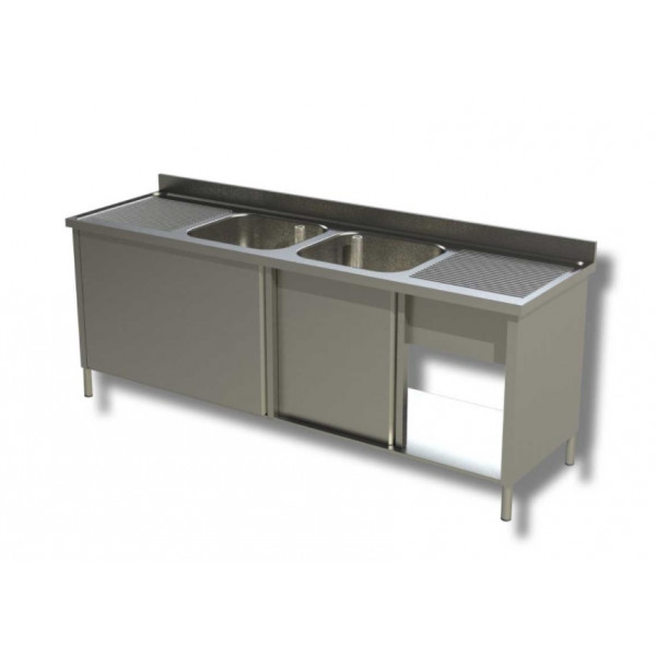 Stainless steel cupboard sink two tubs with double drainer Model A2V2G247