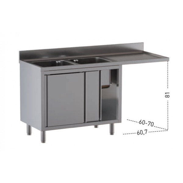 Stainless steel cupboard sink two tubs with drainer and hollow for dishwasher Model A2VLS/D206
