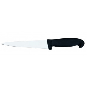 Sticking knife Tempered AISI 420 stainless steel blade with conical sharpening, satin finish.  Handle in rubberized non-toxic material, anti-slip and dishwasher safe. Model CLB12