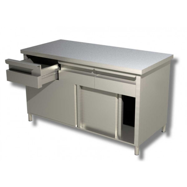 Stainless steel cabinet table with sliding doors Without upstand with 4 drawers Model A4C186