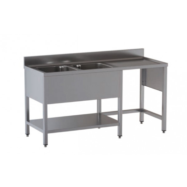 Stainless steel sink with two tubs with drainer on legs with bottom shelf and with hollow for dustbin Model G2VPS/D167