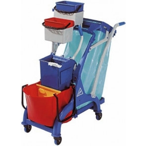 Multipurpose Cleaning trolley Plastic frame and handle Model CA1613 1 plastic bucket Lt. 28 with divider. plastic wringer without bottom. 120 L bag holder complete with reinforcements and lid. dustpan hook and handle hook with rubber roller.