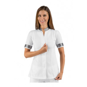 Woman Hibiscus blouse SHORT SLEEVE 65% Polyester 35% Cotton WHITE + LUREX SILVER in different sizes Model 002642