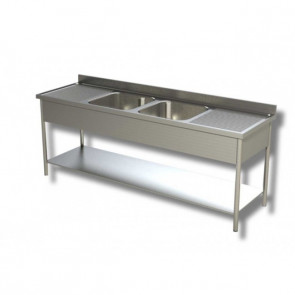 Stainless steel sink with two tubs with double drainer on legs with bottom shelf Model G2V2G247
