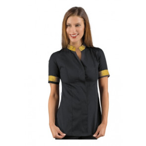 Woman Hibiscus blouse SHORT SLEEVE  100% Polyester BLACK+ LUREX GOLD available in different sizes Model 002671