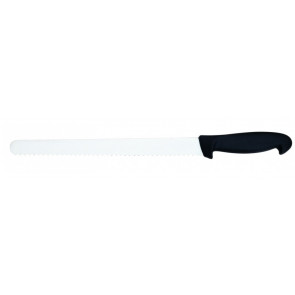 Bread Knife Tempered AISI 420 stainless steel blade with conical sharpening, satin finish.  Handle in rubberized non-toxic material, anti-slip and dishwasher safe. Model CLE12