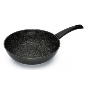 Wok coated with inner lining in lava stone Exterior in black PTFE paint Welded handle in BAKELITE Compatible with induction kitchen Size - ø cm. 28 Model PI9728IN