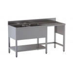 Stainless steel sink with two tubs with drainer on legs with bottom shelf and with hollow for dustbin Model G2VPS/D166