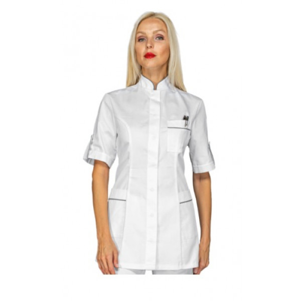 Woman Antigua blouse  SHORT SLEEVE 65% Polyester 35% Cotton WHITE + GREY Avaible in different sizes Model 003010M