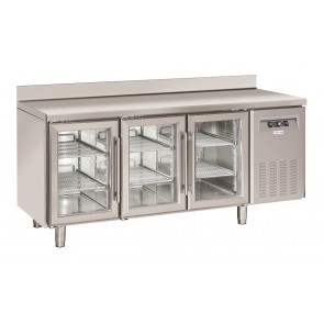 Refrigerated counter GN1/1 stainless steel Model QRG3200 Ventilated refrigeration 3 Self-closing glass doors with splashback