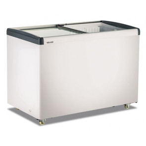 Static double temperature chest freezer with flat sliding glass lids Model FRC395PFF