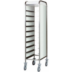 Tray trolleys Model CA1450P Stainless steel structure Stainless steel guides. Side panels in perfex white Capacity n. 10 trays GN 1/1 (cm 53x32,5)