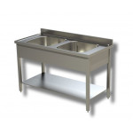 Stainless steel sink with two tubs on legs with bottom shelf Model G2V136