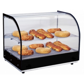 Heated countertop display Model DHN500 N. 2 shelves Tempered glass sides and curved glass front Heating system with resistance