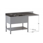 Stainless steel sink with two tubs with drainer on legs with bottom shelf and with hollow for dishwasher Model G2VLS/D167