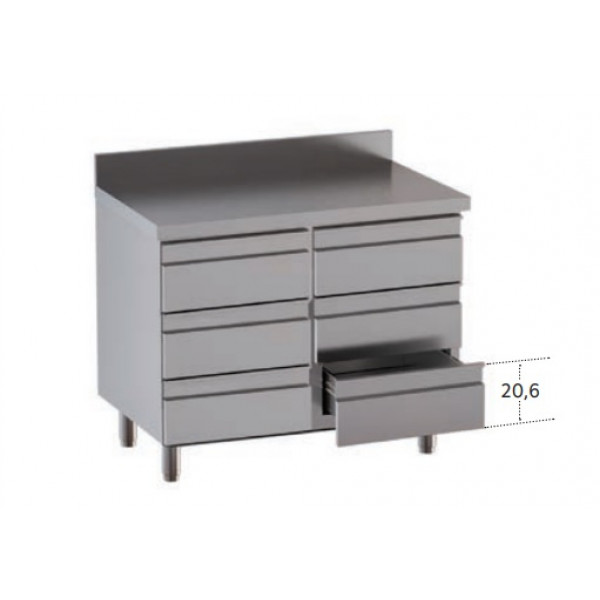Stainless steel self-supporting cabinet with 6 drawers With upstand with worktop Model DSN6C106A
