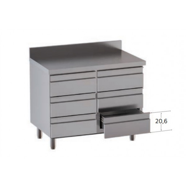Stainless steel self-supporting chest of 6 drawers With upstand with worktop Model DSN6C106A